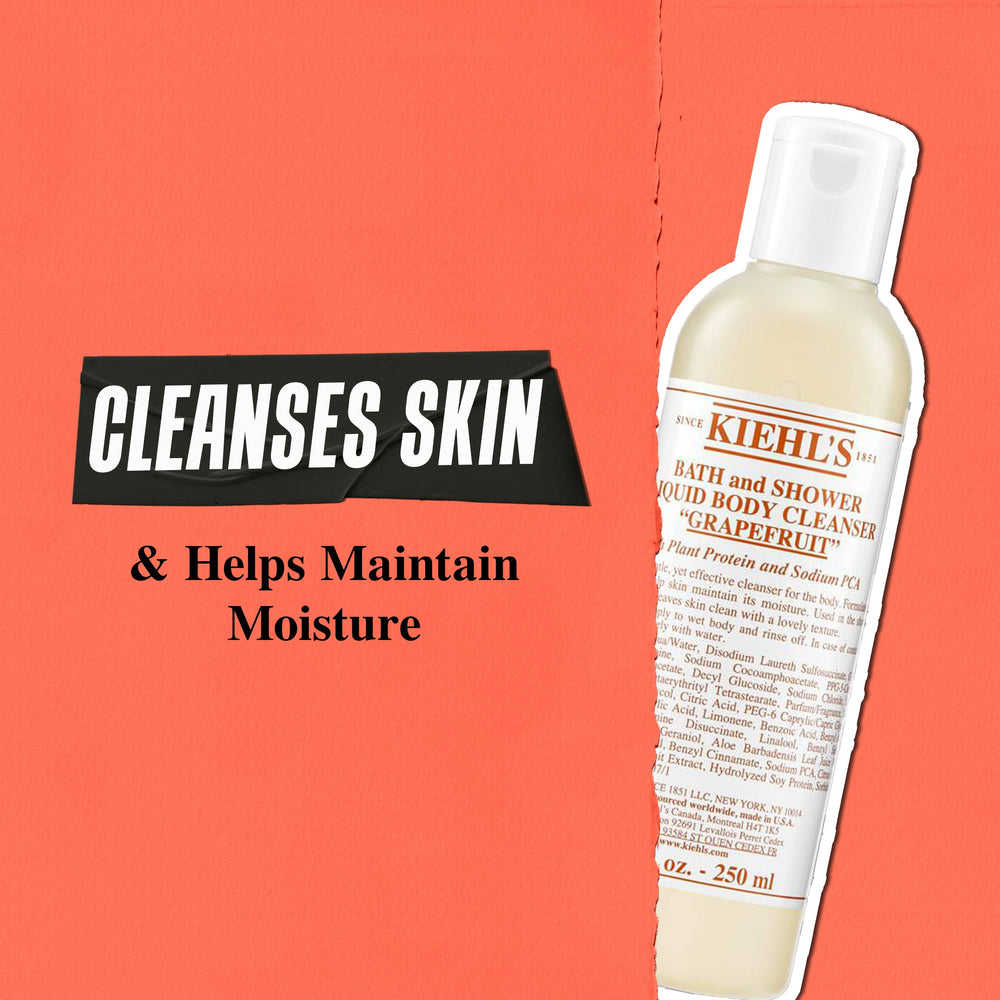 Kiehl's Grapefruit Liquid Body Cleanser aloe hydration closeup shows soothing skin.