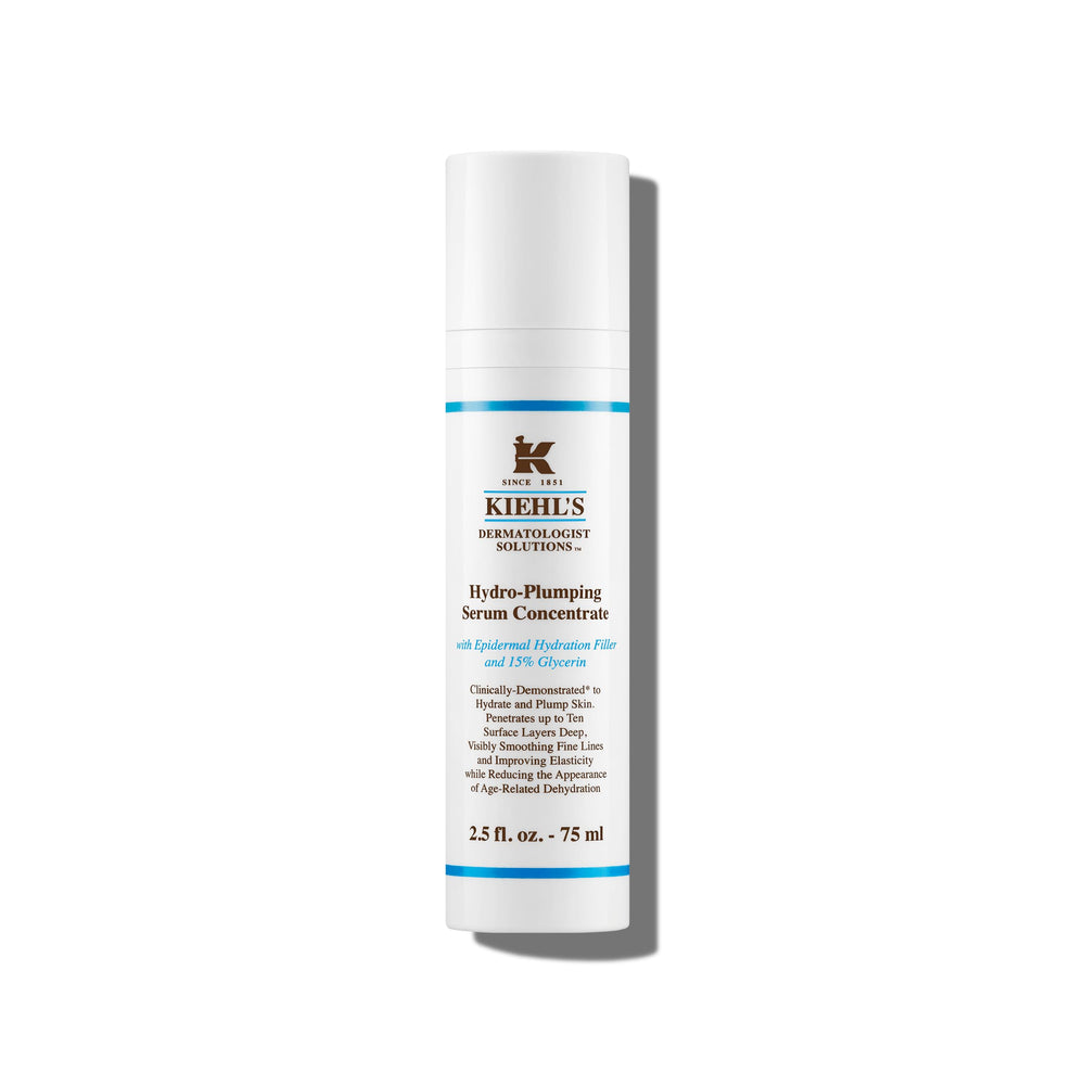 Kiehl's Hydro-Plumping Serum bottle shows hydrating formula for plumper skin.