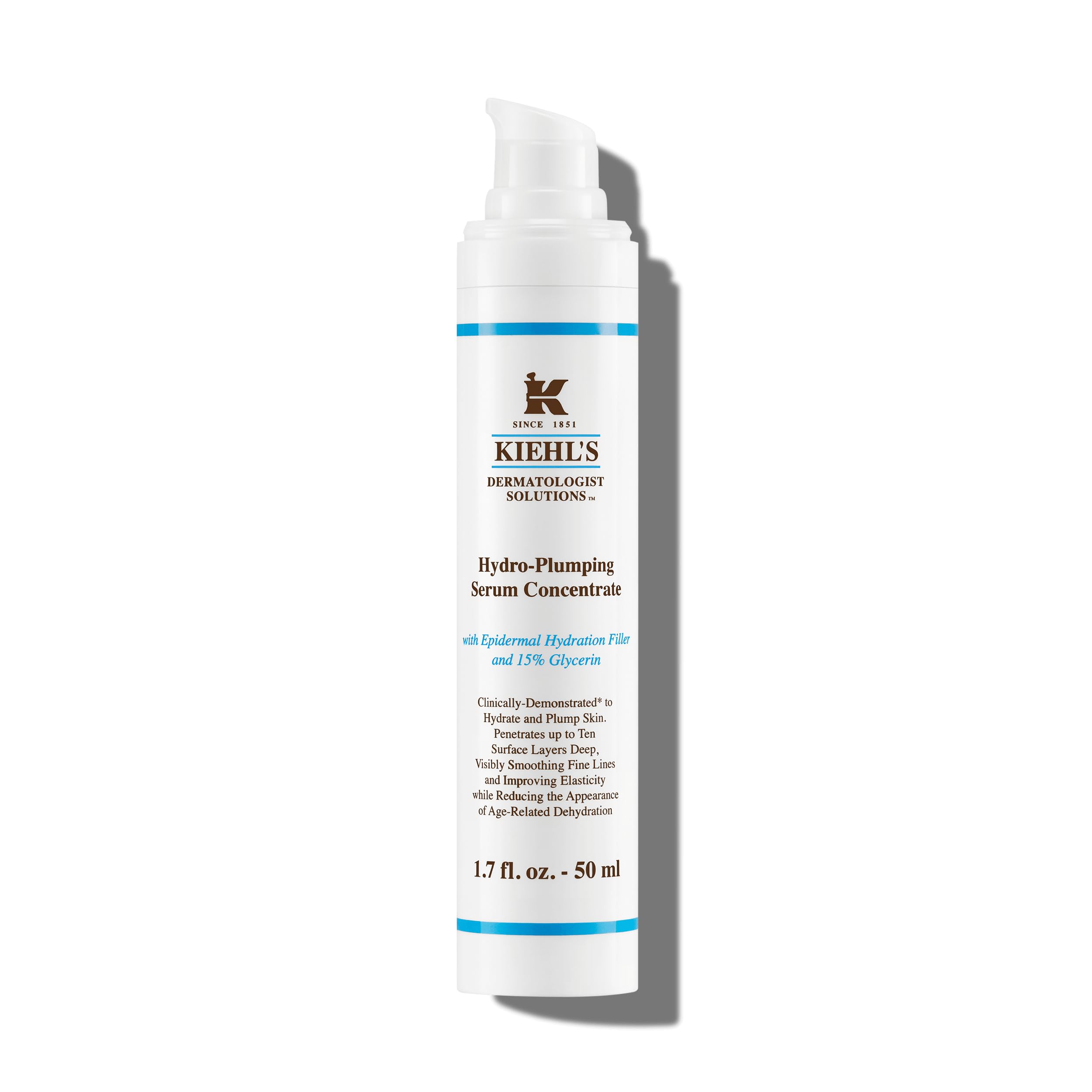 Kiehl's Hydro-Plumping serum bottle shows lasting hydration for plumper, smoother skin.