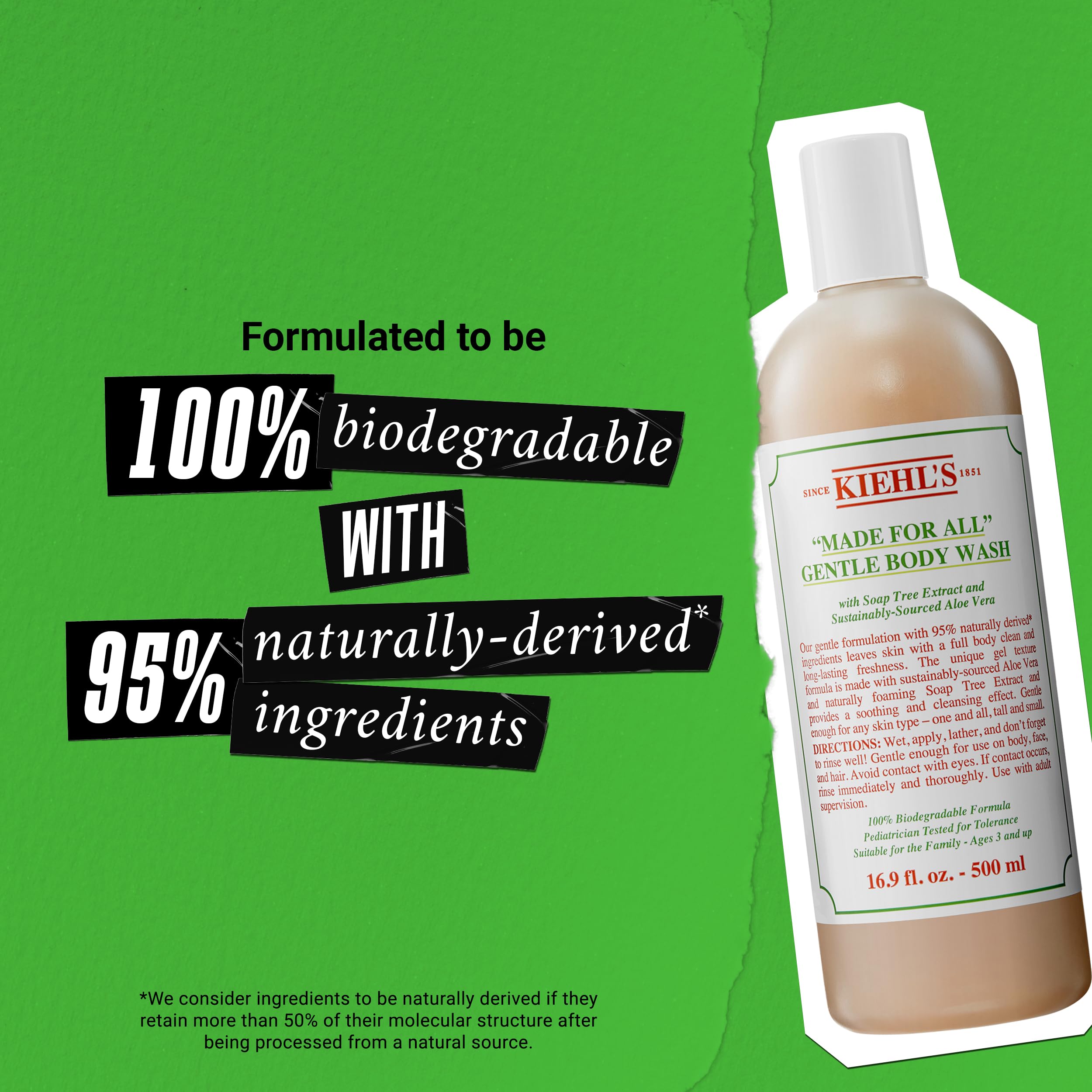 Kiehl's Made for All Gentle Body Cleanser Soap Tree Extract highlight water-friendly, mild cleansing.
