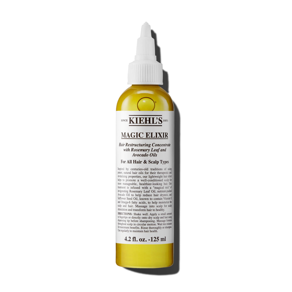 Kiehl's Magic Elixir bottle-front: lightweight pre-shampoo care for moisturized scalp and shine