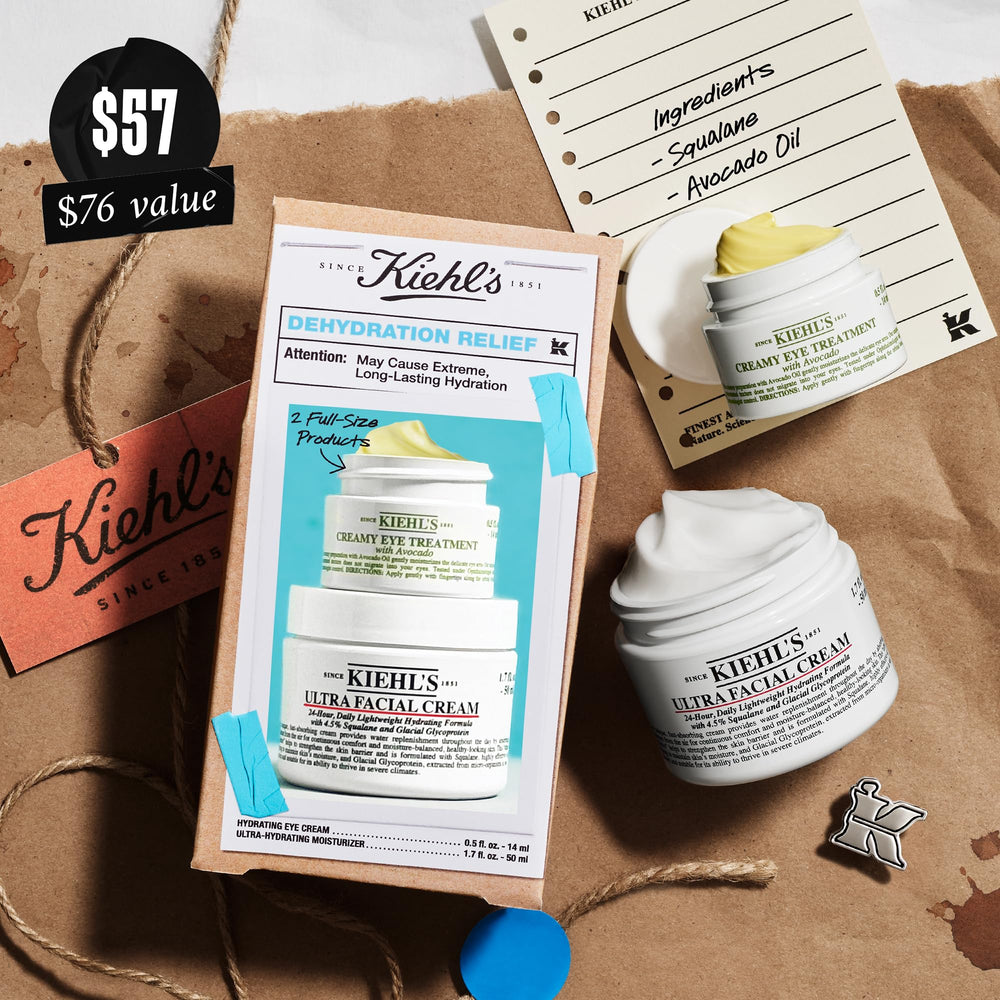 Kiehl's Morning skin routine scene features hydration ready for daily care.