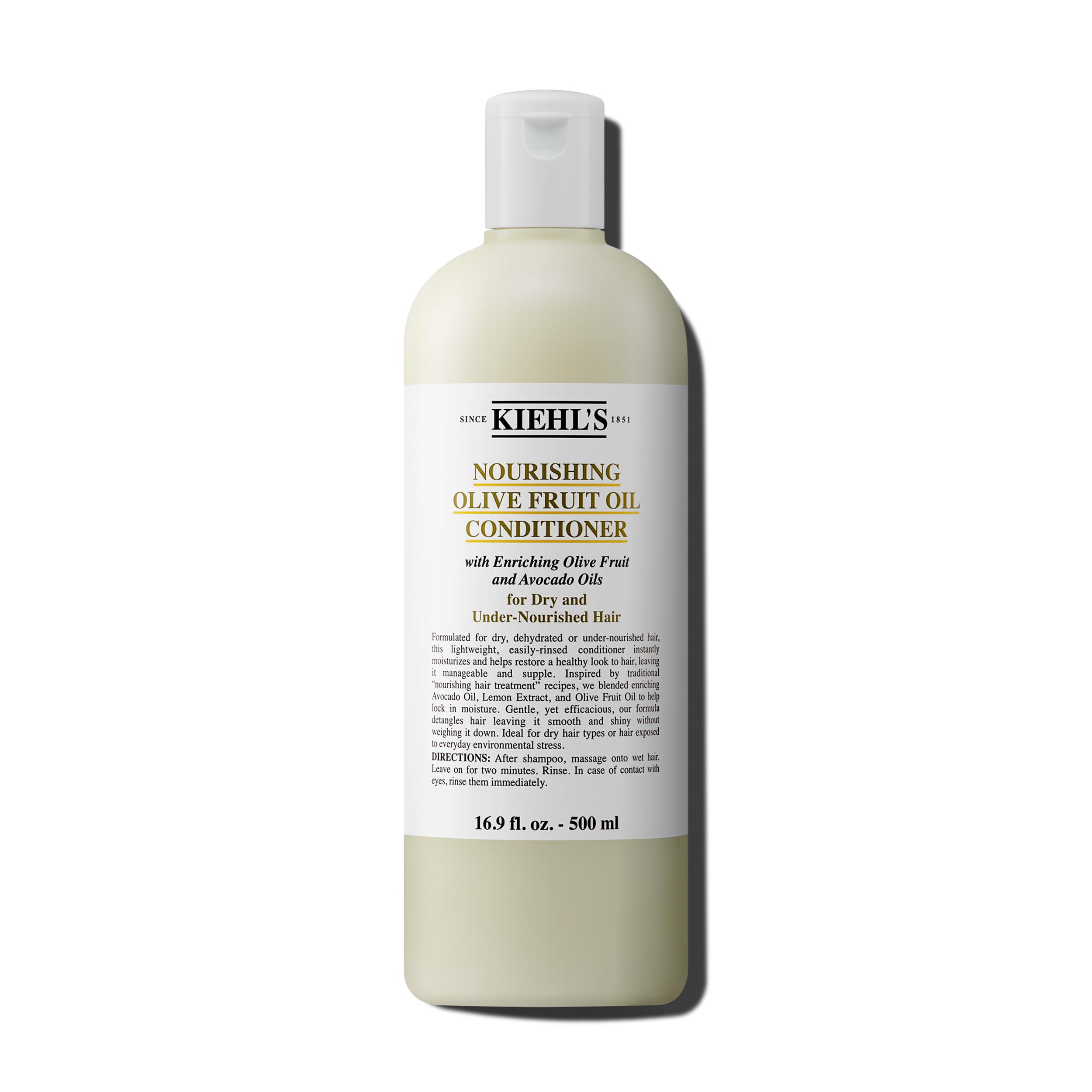 Kiehl's Nourishing Olive Fruit Oil Conditioner bottle shows lightweight hydration for dry hair.