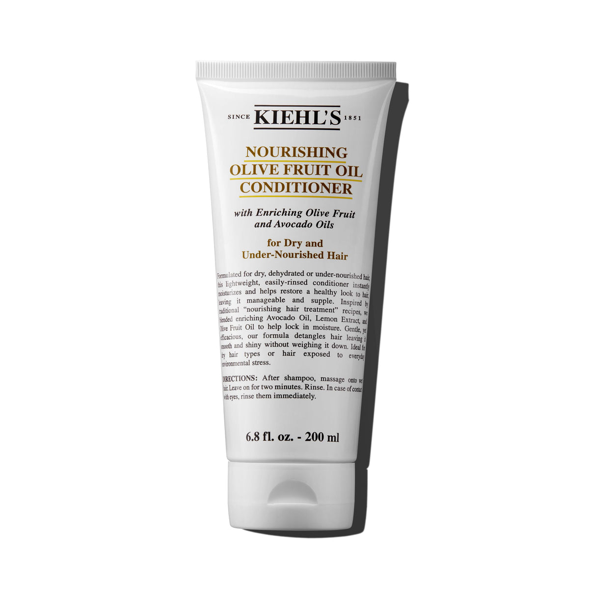 Kiehl's Nourishing Olive Fruit Oil Conditioner bottle demonstrates lightweight hydration for shiny, detangled hair.