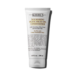 Kiehl's Nourishing Olive Fruit Oil Conditioner bottle demonstrates lightweight hydration for shiny, detangled hair.