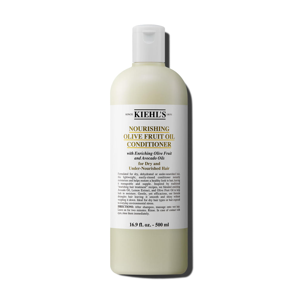 Kiehl's Nourishing Olive Fruit Oil Conditioner bottle shows lightweight hydration for dry hair.