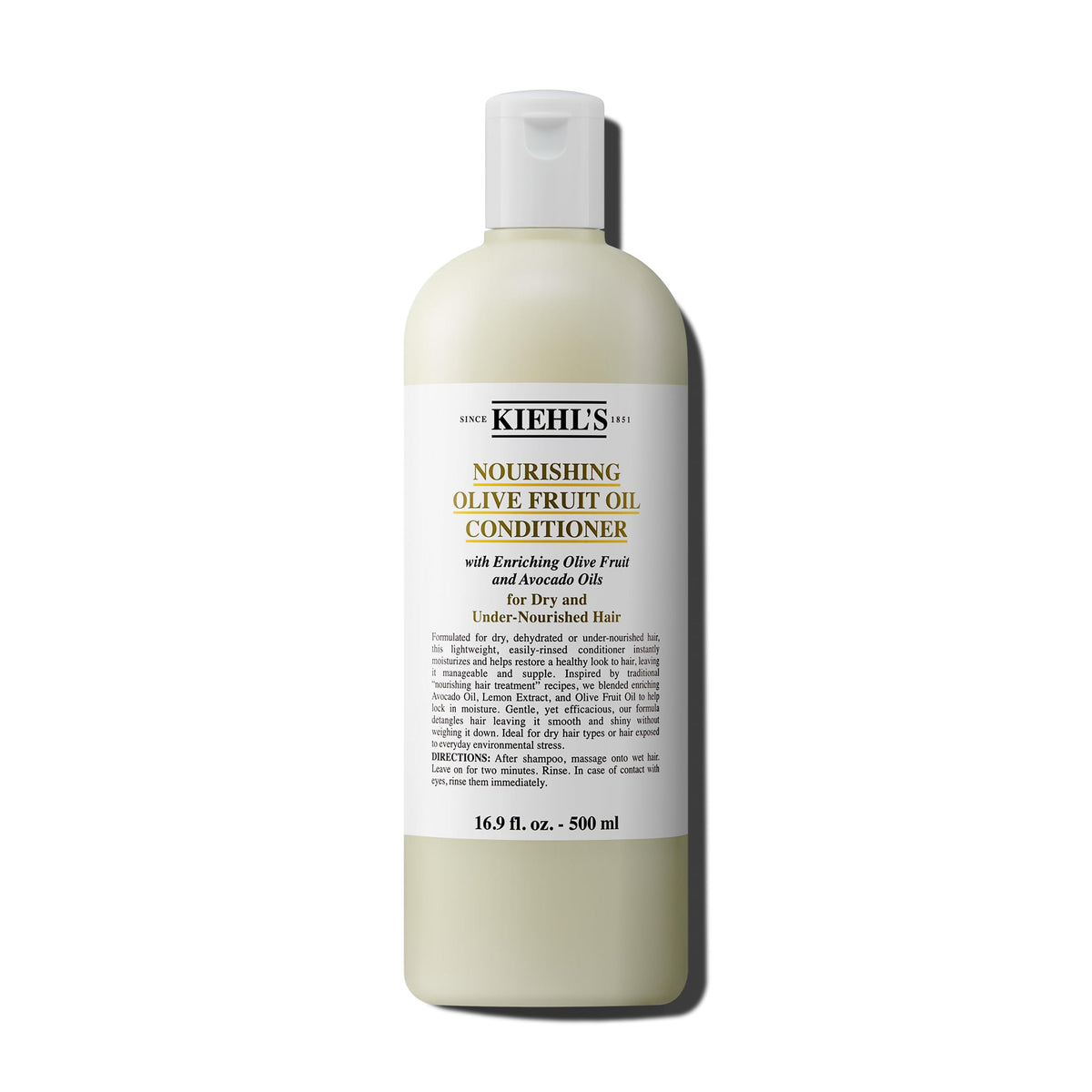 Kiehl's Nourishing Olive Fruit Oil Conditioner bottle shows lightweight hydration for dry hair.