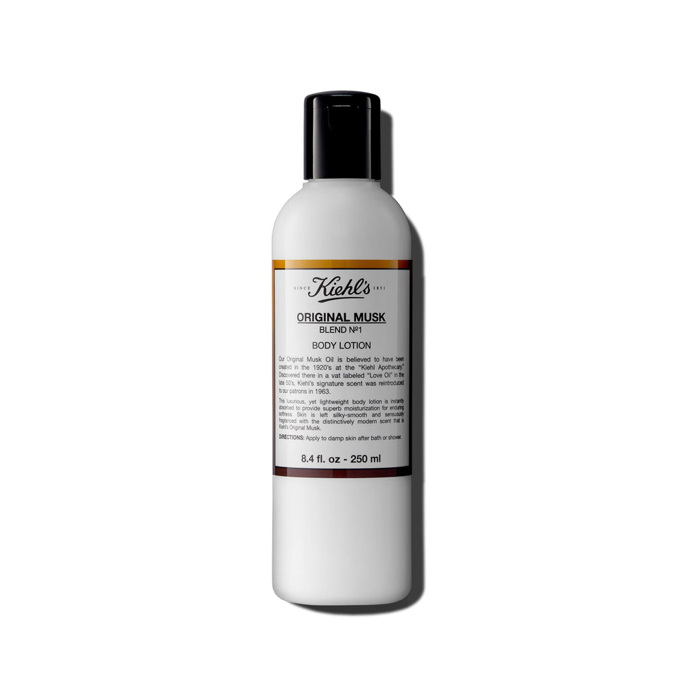 Kiehl's Original Musk scented body lotion bottle close-up showing silky texture and unisex scent