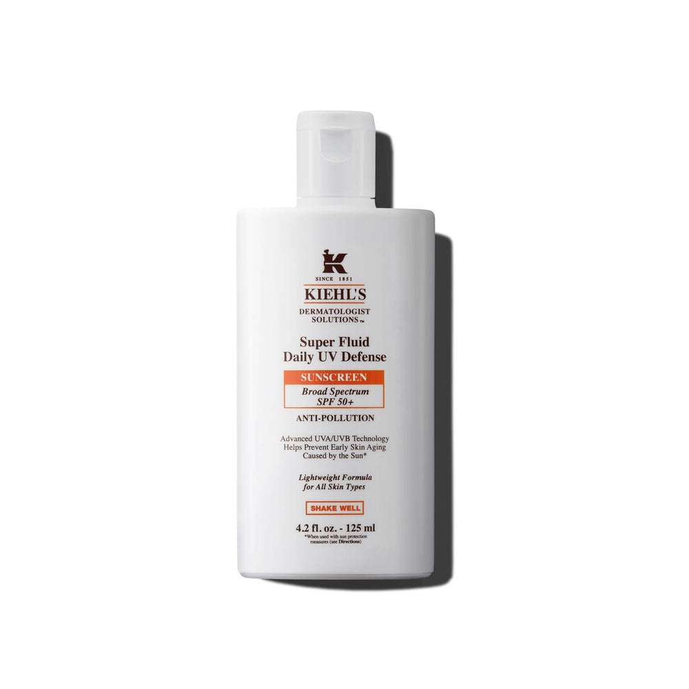 Kiehl's Super Fluid UV Defense bottle ready for daily SPF protection.
