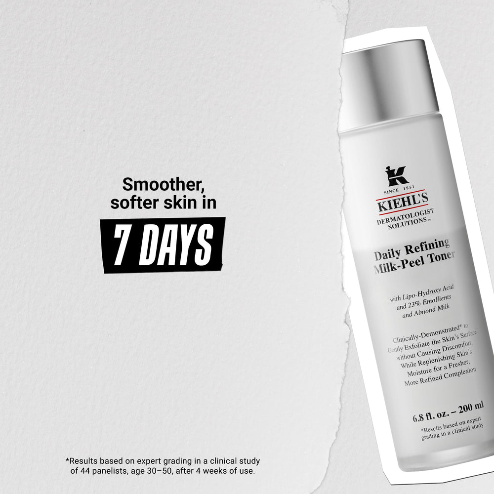 Kiehl's Daily Refining Milk-Peel Toner texture close-up shows creamy, mild exfoliation.