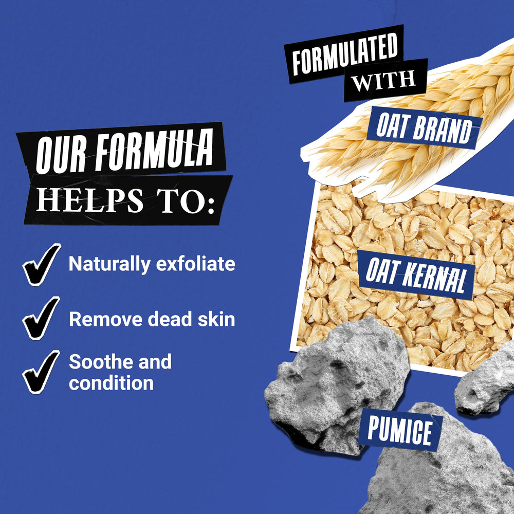 Kiehl's Ultimate Man Body Scrub bar with oat bran detail highlights soothing conditioning properties.