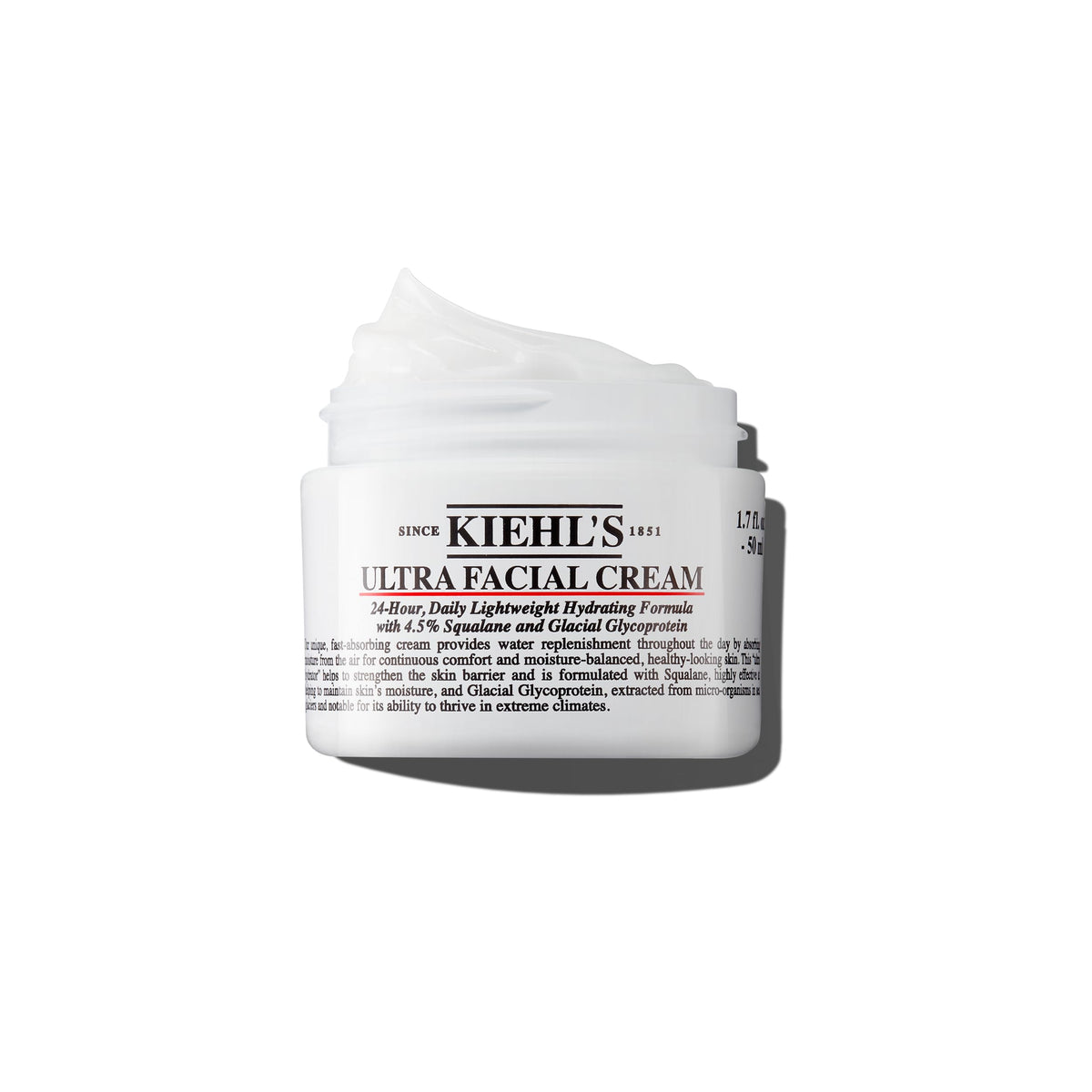 Kiehl's Ultra Facial Cream bottle shows 4.5% Squalane for lasting hydration.
