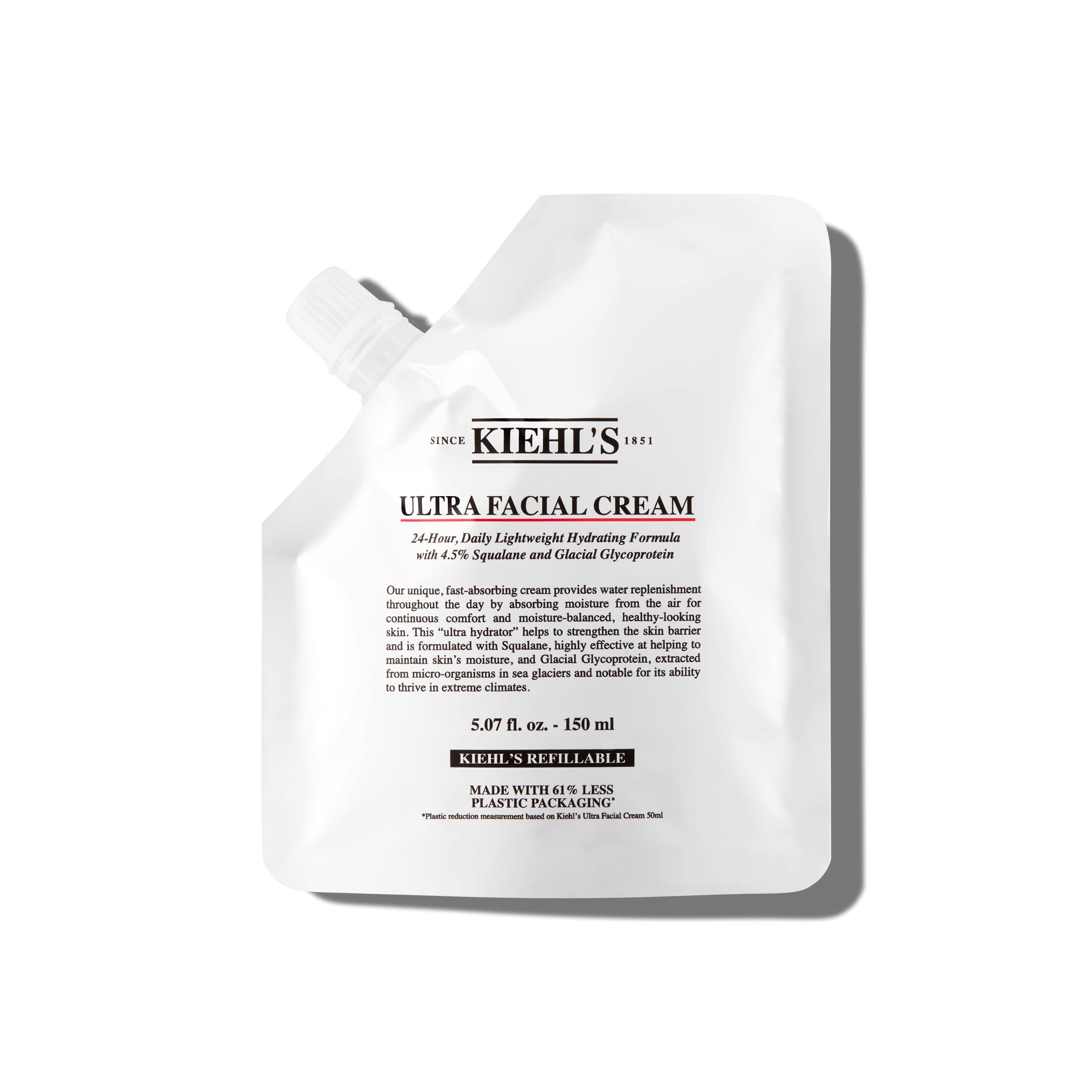 Kiehl's Ultra Facial Cream jar closeup highlighting 4.5% Squalane for lasting hydration.