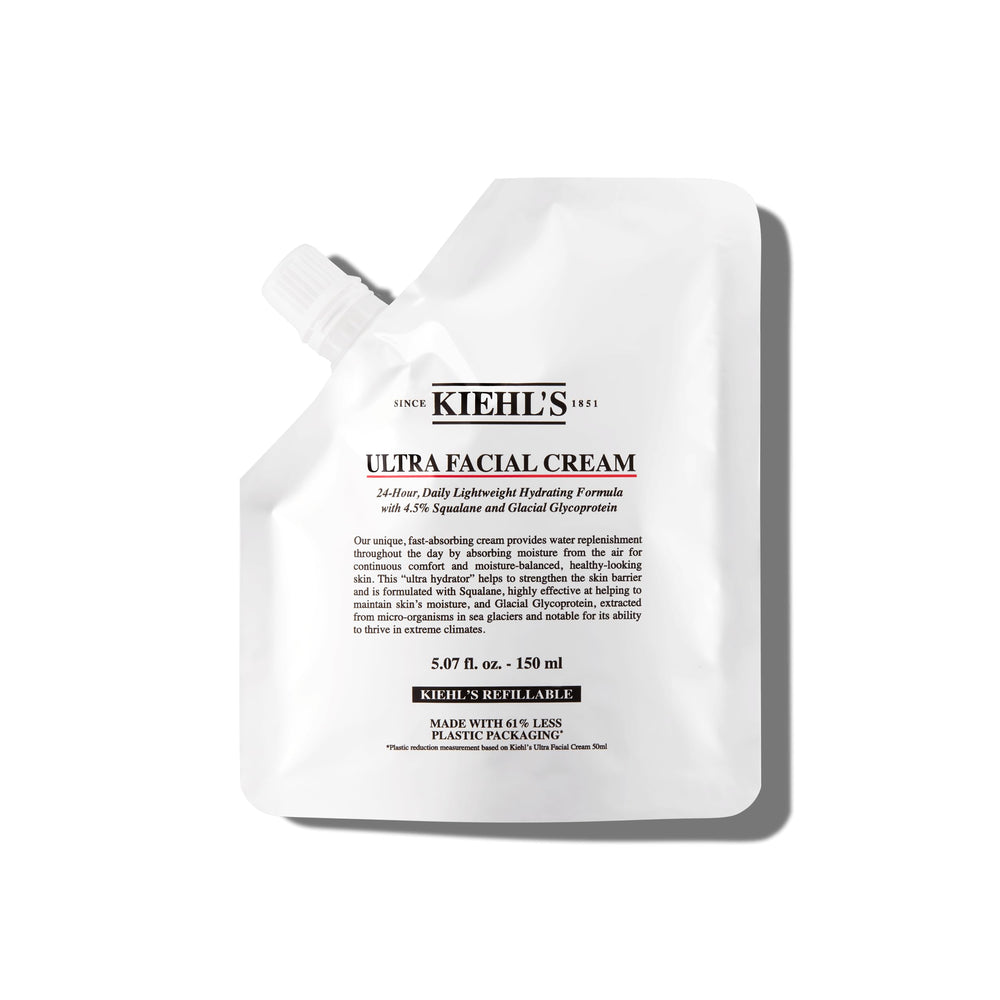 Kiehl's Ultra Facial Cream jar closeup highlighting 4.5% Squalane for lasting hydration.