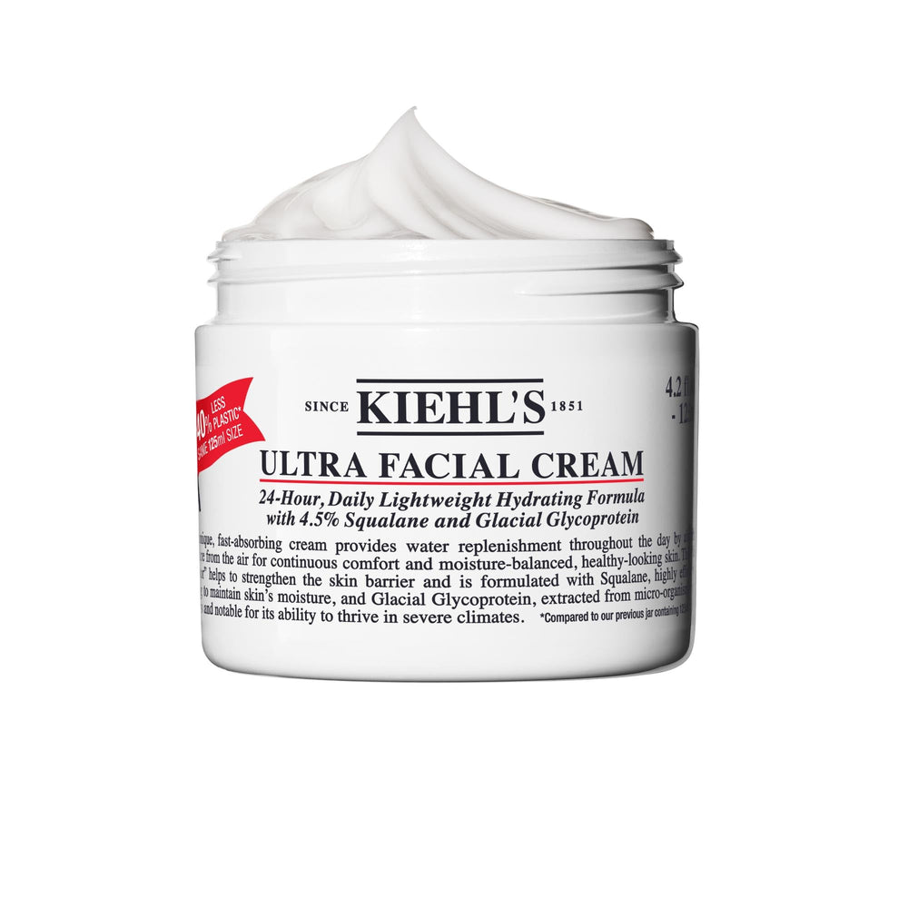 Kiehl's Ultra Facial Cream bottle on vanity delivering all-day hydration.