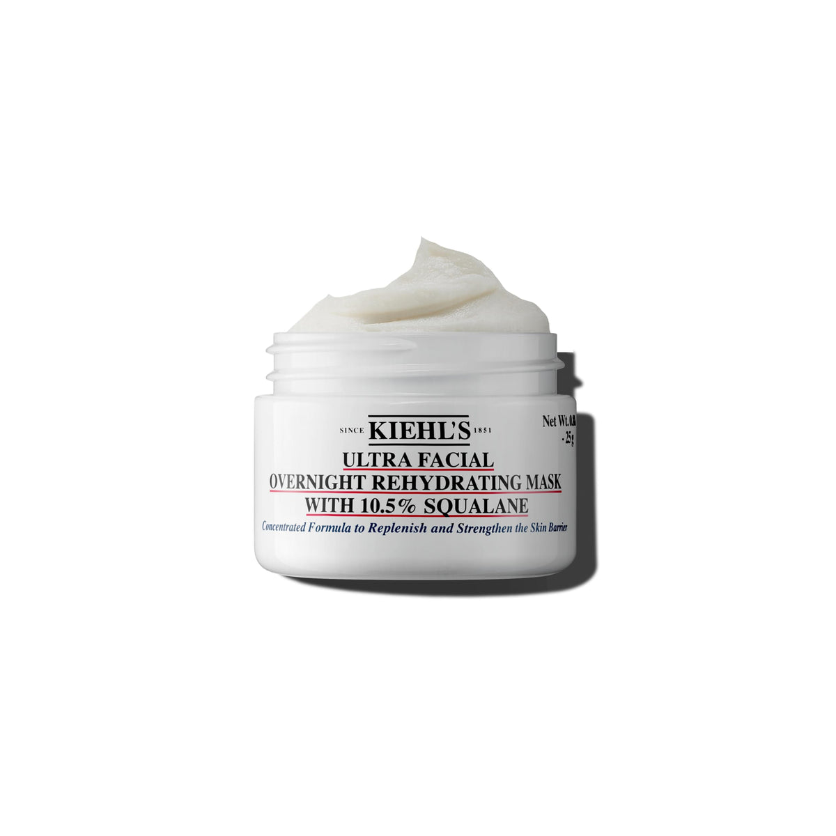 Kiehl's Ultra Facial Overnight Mask bottle closeup for hydration and barrier support.