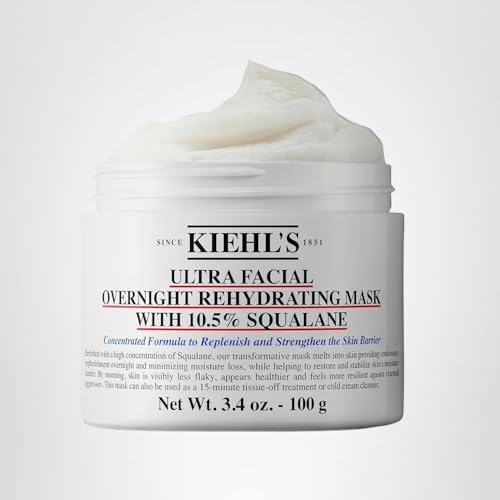 Kiehl's Ultra Facial Overnight Mask jar close-up showcasing fragrance-free, paraben-free formula.