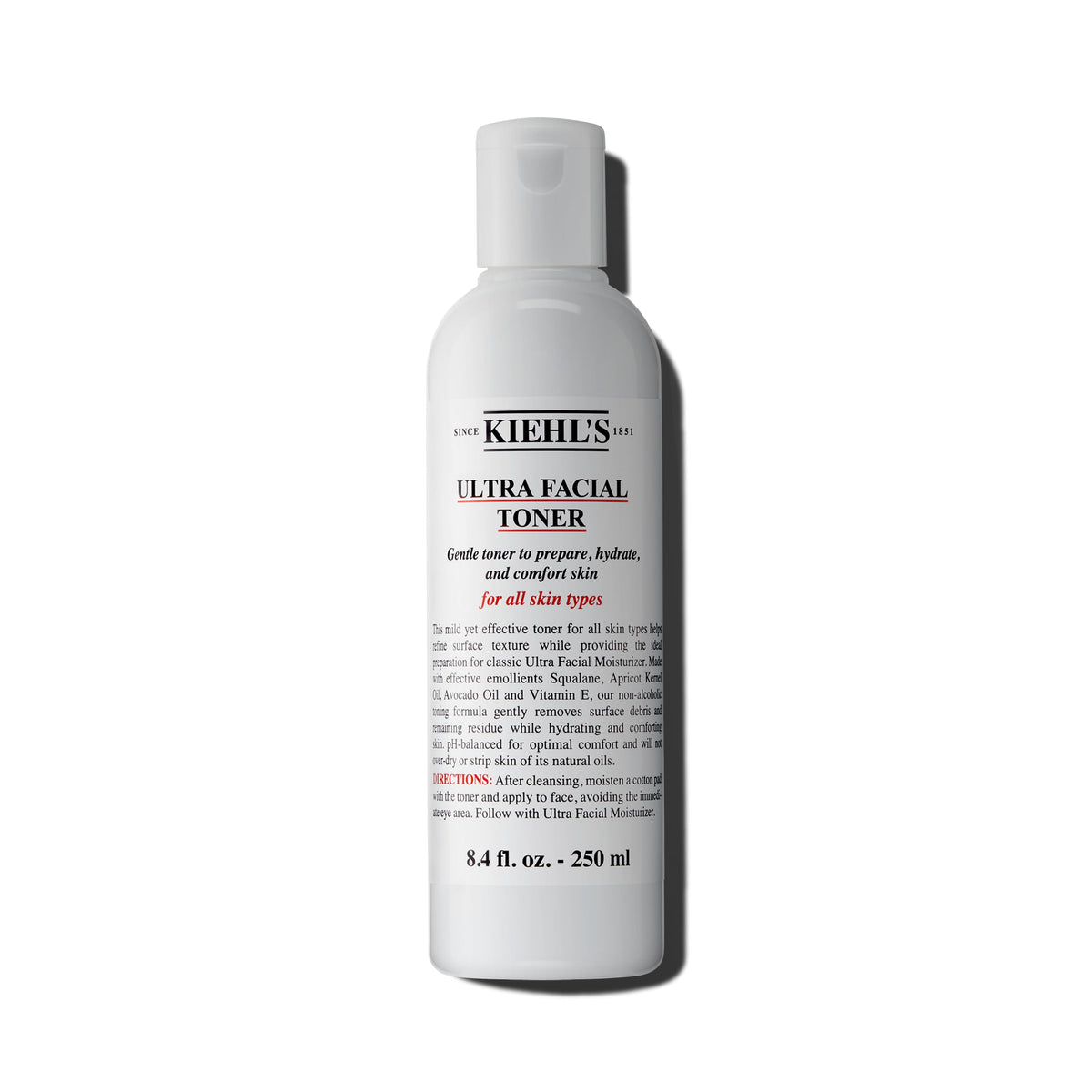 Kiehl's Ultra Facial Toner bottle close-up demonstrates hydrating, squalane-enriched formula for all skin types