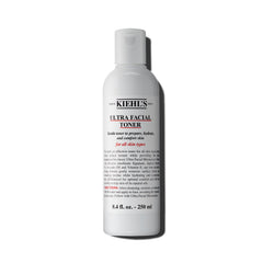 Kiehl's Ultra Facial Toner bottle close-up demonstrates hydrating, squalane-enriched formula for all skin types