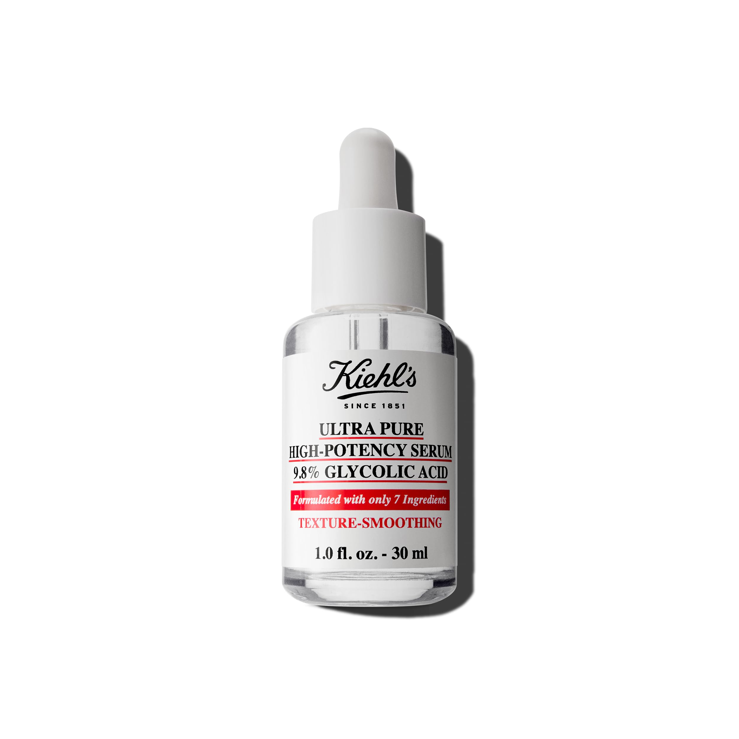 Kiehl's Ultra Pure serum bottle closeup, fragrance-free glycolic formula for smoother skin.