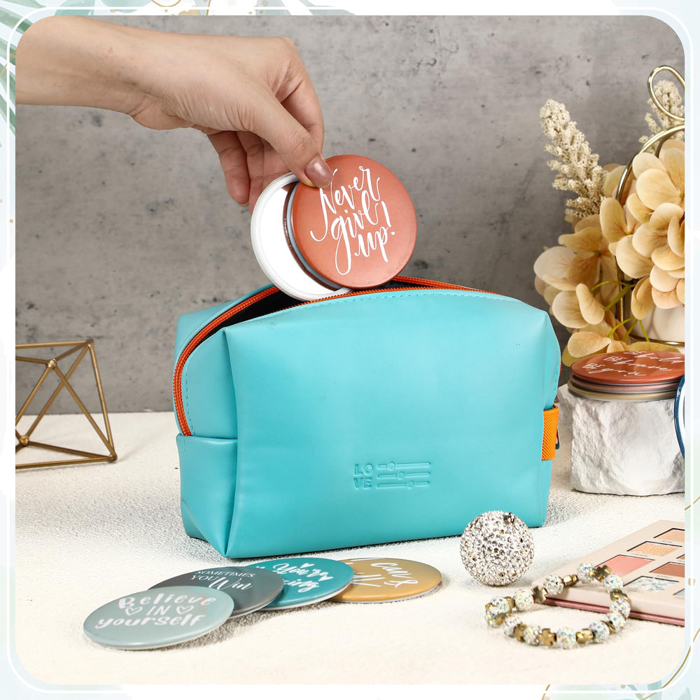 Kigley compact mirror shows colorful inspirational quotes on back