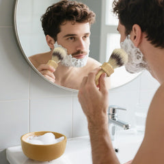 Kikc bamboo shaving stand securely holds brush for air-drying and longer life.