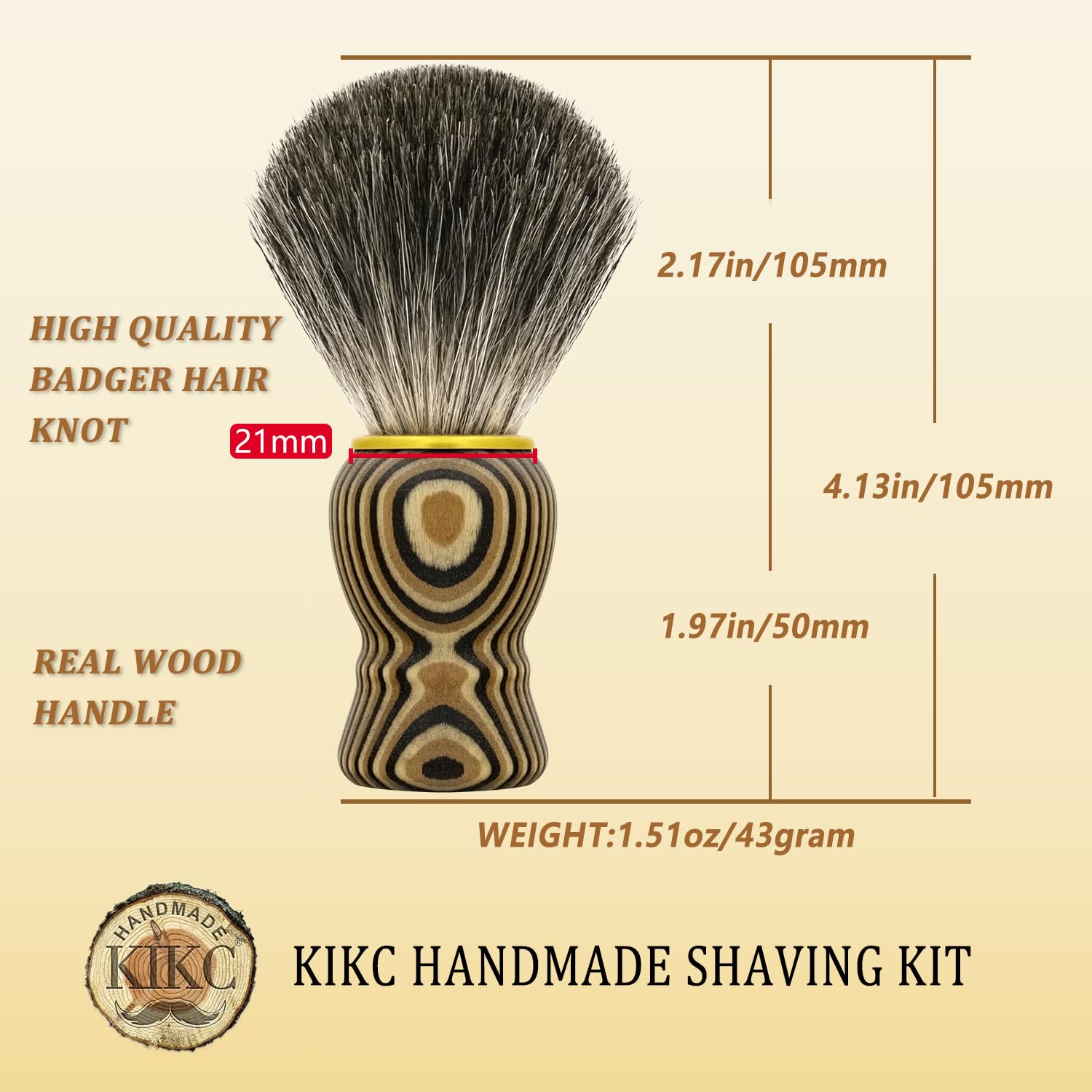 KIKC hand crafted badger brush wood detail highlights unique artisanal aesthetics.