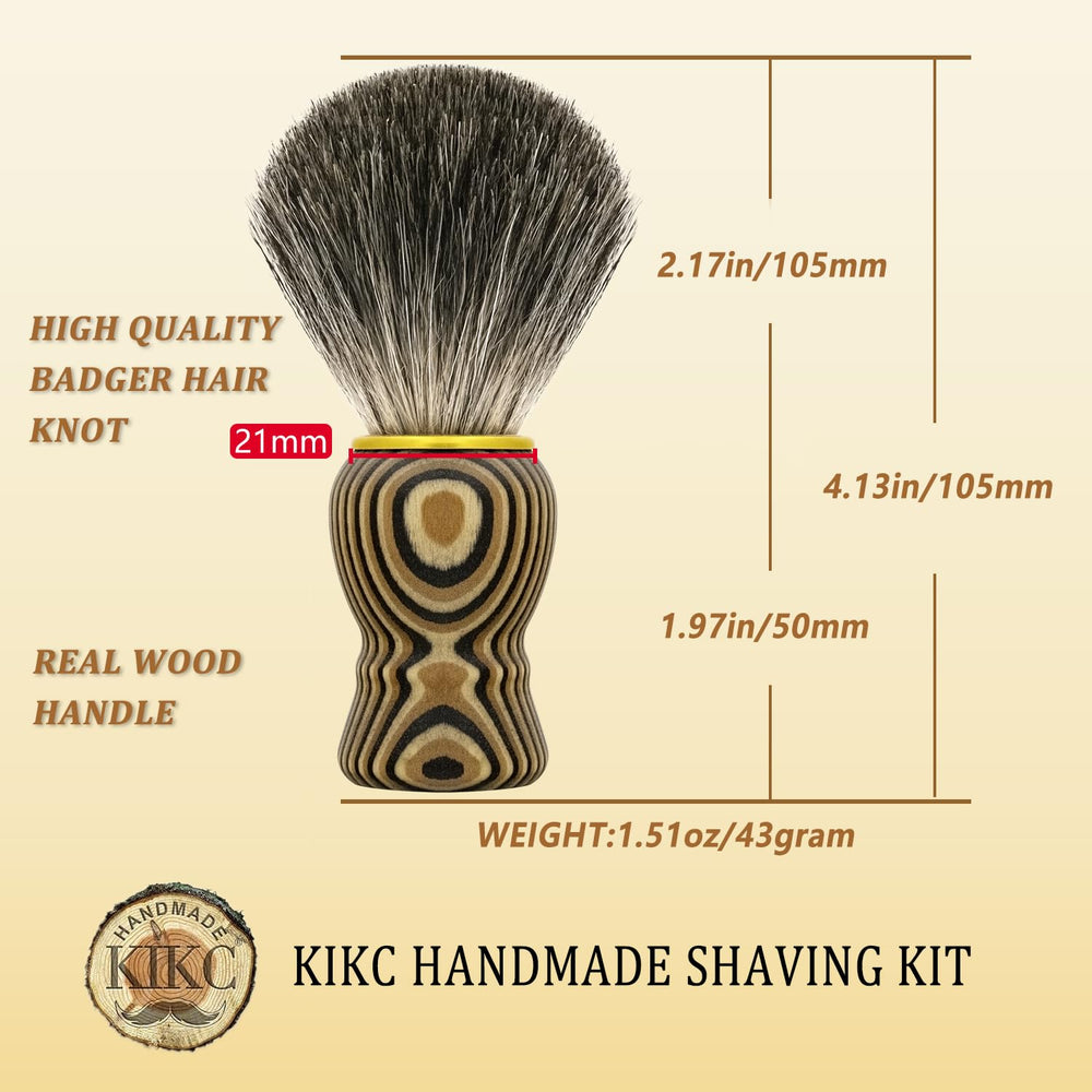 KIKC hand crafted badger brush wood detail highlights unique artisanal aesthetics.