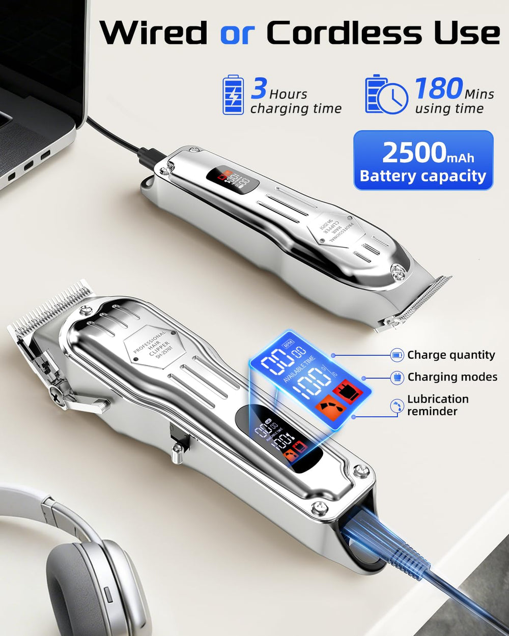KIKIDO Hair Clippers cordless silver 4-speed motor for versatile styling