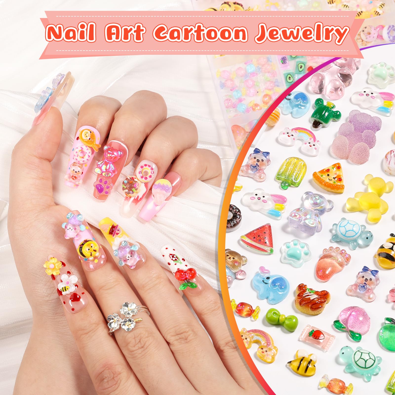 Kikonoke fruit slices, bees, and turtles charms offer playful manicure accents.