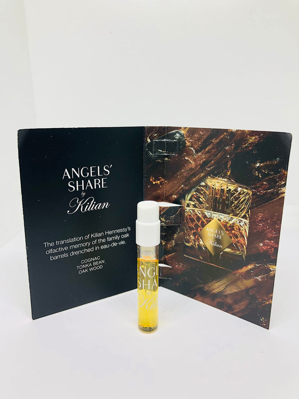 Kilian Angels' Share EDP mini-packaging with label for quick scent testing.