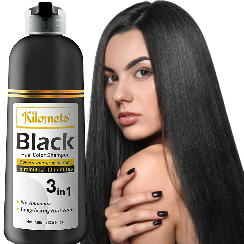 Kilomets Black Hair Dye Shampoo applies evenly on hair for quick gray coverage at home