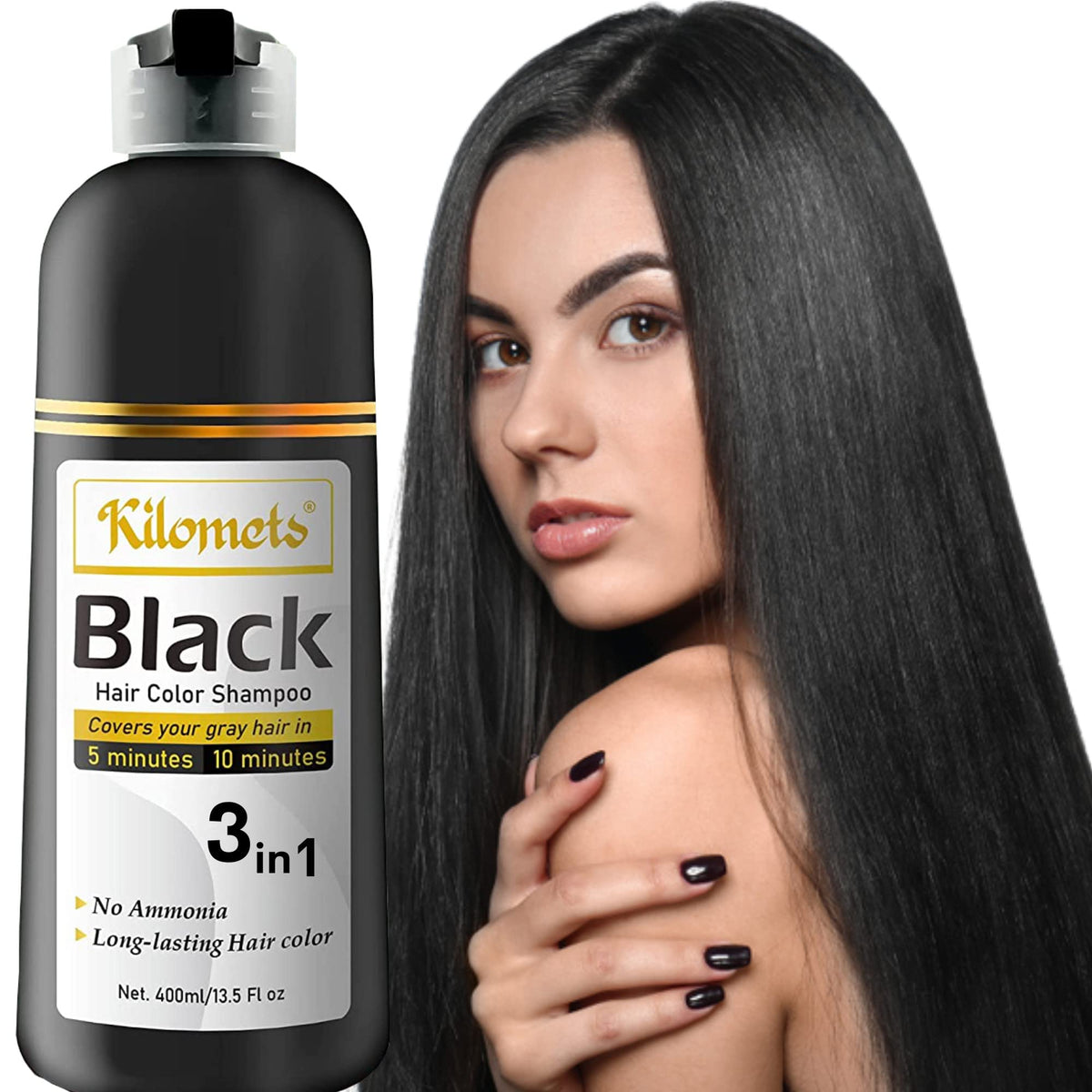 Kilomets Black Hair Dye Shampoo applies evenly on hair for quick gray coverage at home