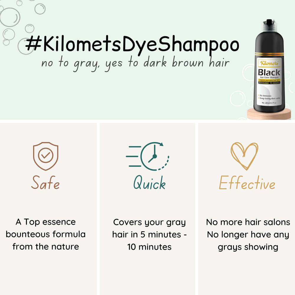 Kilomets Black Hair Dye Shampoo packaging highlights a 400ml bottle for home use
