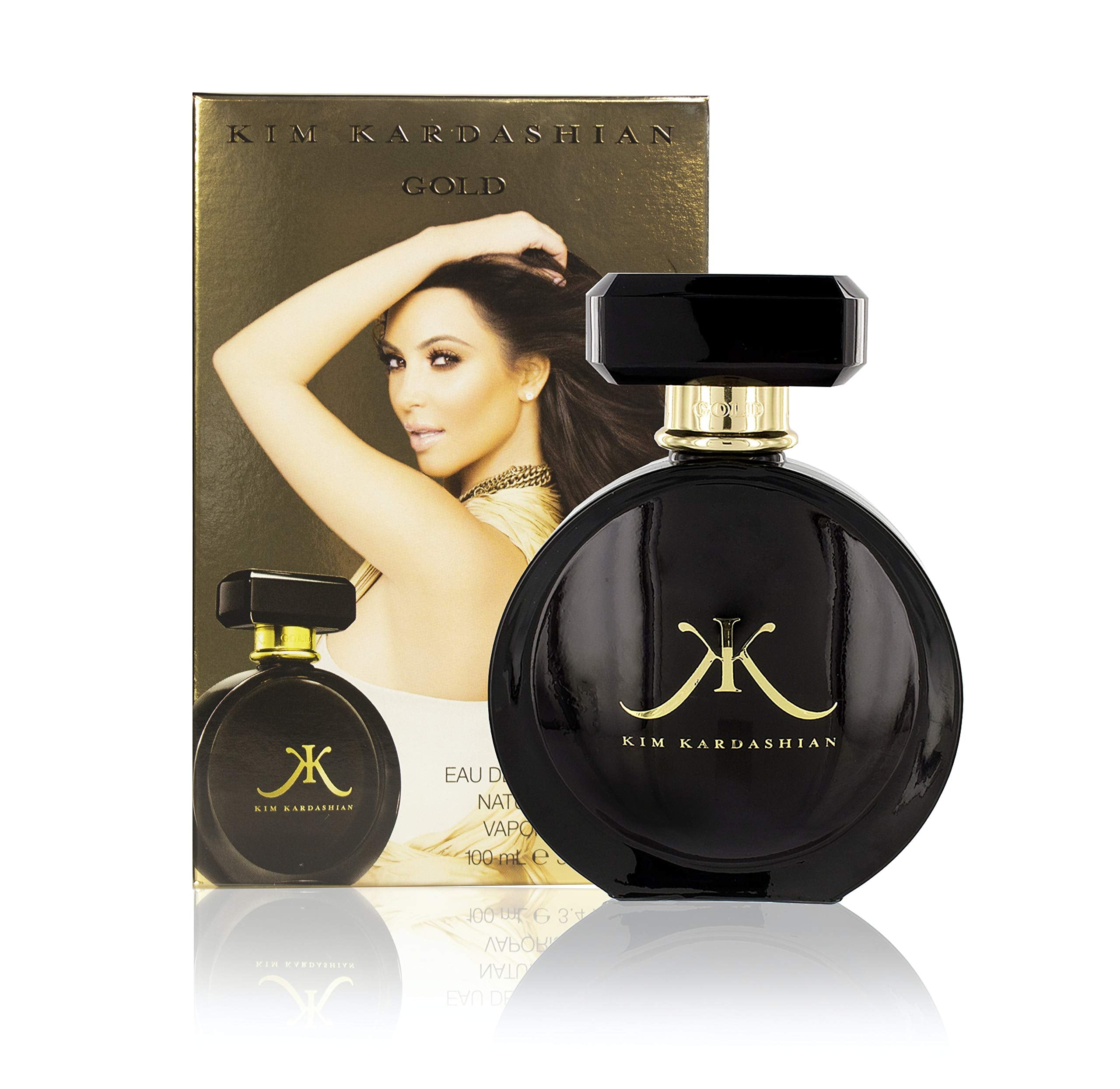 Kim Kardashian Gold bottle spray delivers luxurious warmth for evening wear.