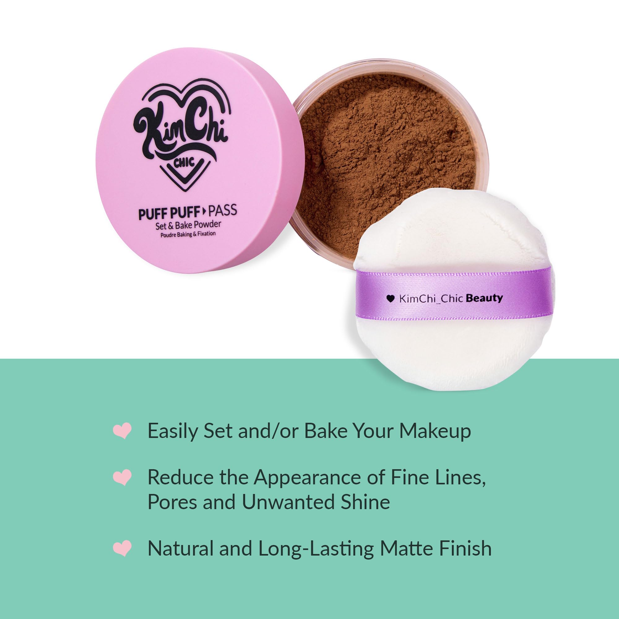Kimchi Chic Cocoa loose powder closeup showing deep tone compatibility and light coverage.