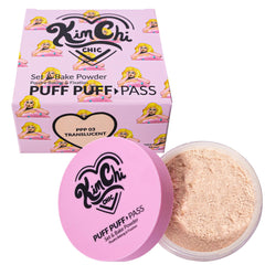 Kimchi Chic Puff Puff Pass Set bottle close-up showcasing translucent powder for a soft matte look