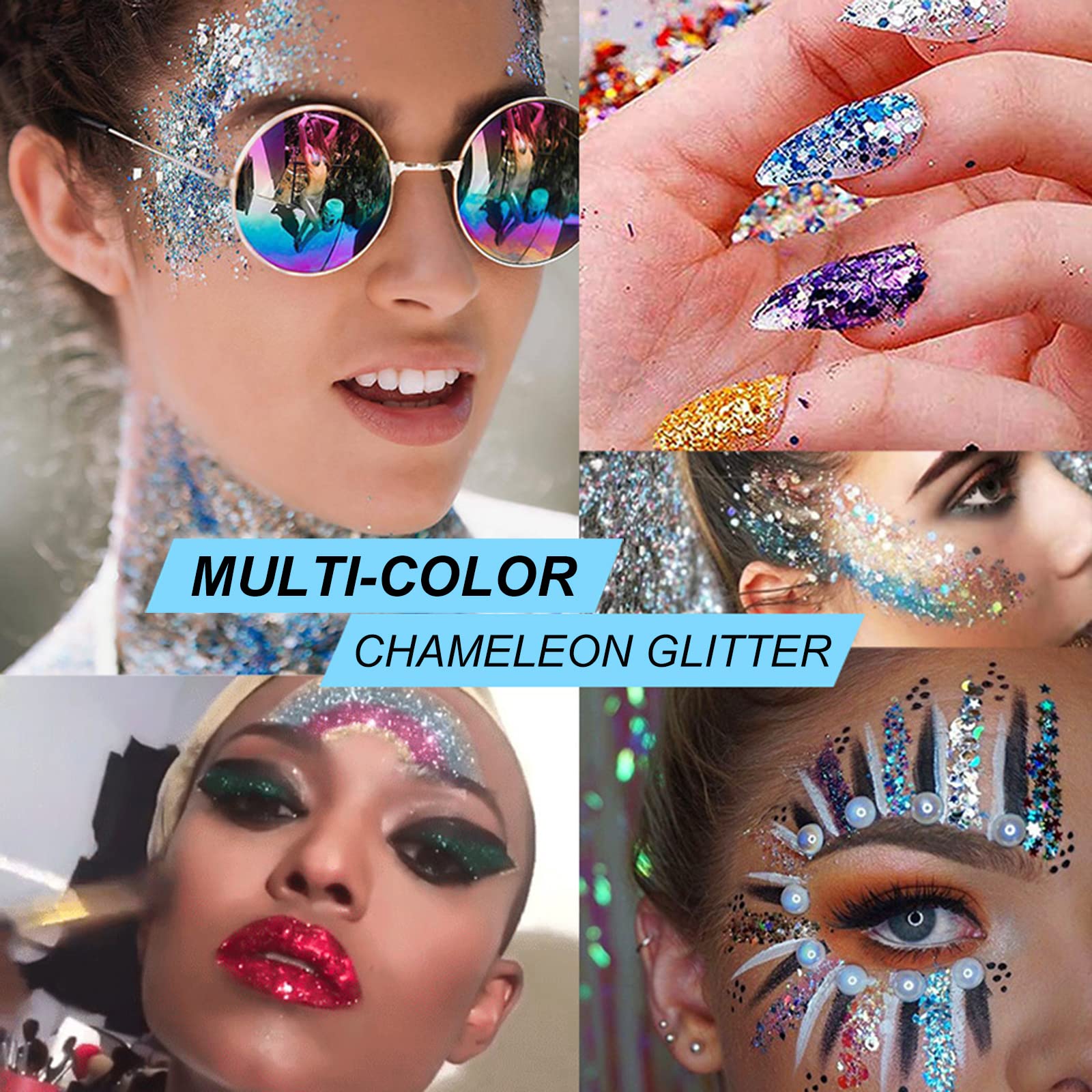 KIMIEYE glitter gel applied on face and shoulders for lasting shine.
