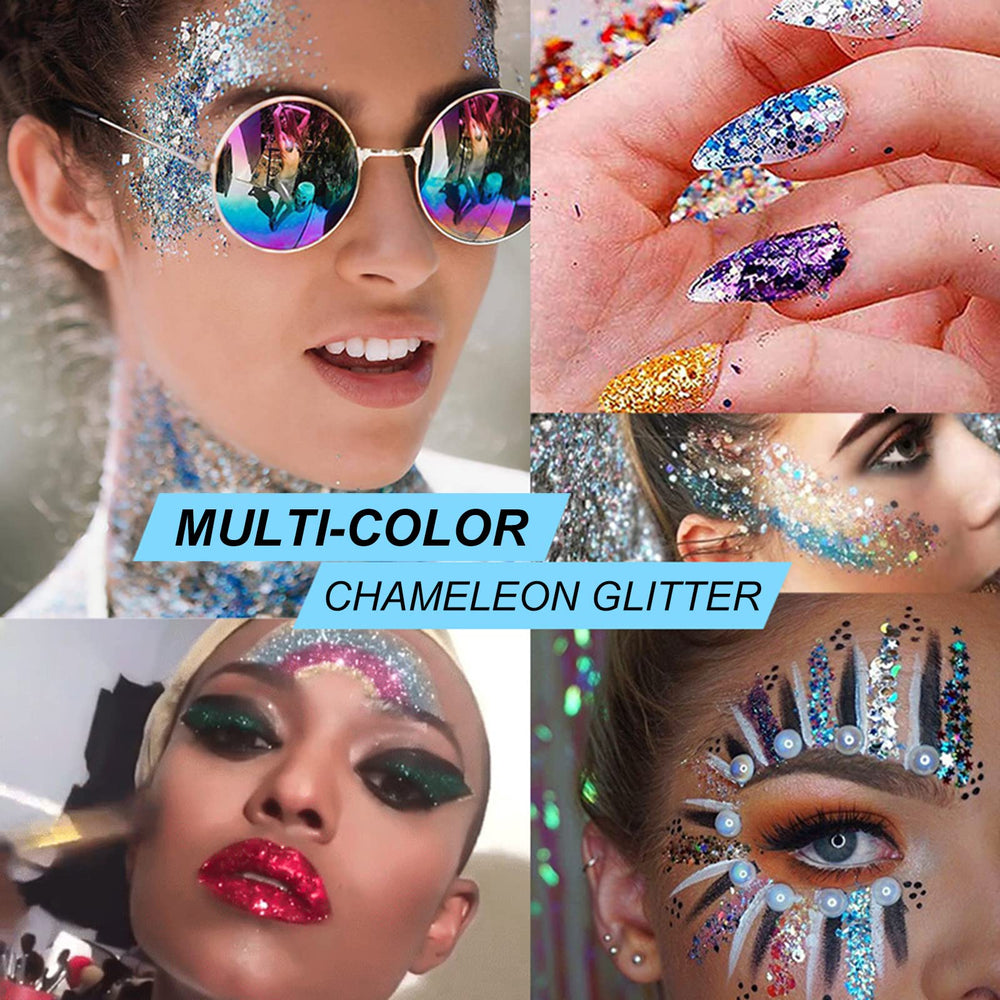 KIMIEYE glitter gel applied on face and shoulders for lasting shine.