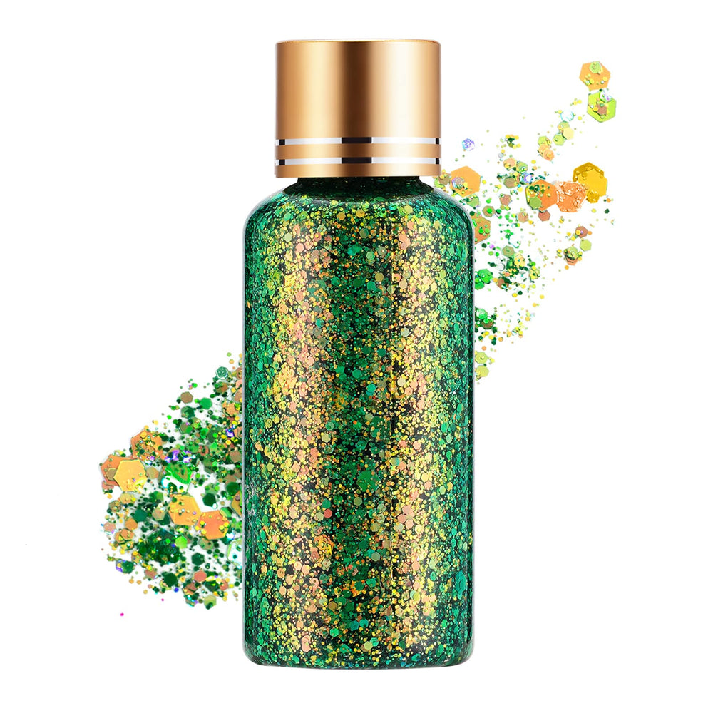KIMIEYE Green Gold Glitter Gel bottle with holographic shimmer for festival makeup.