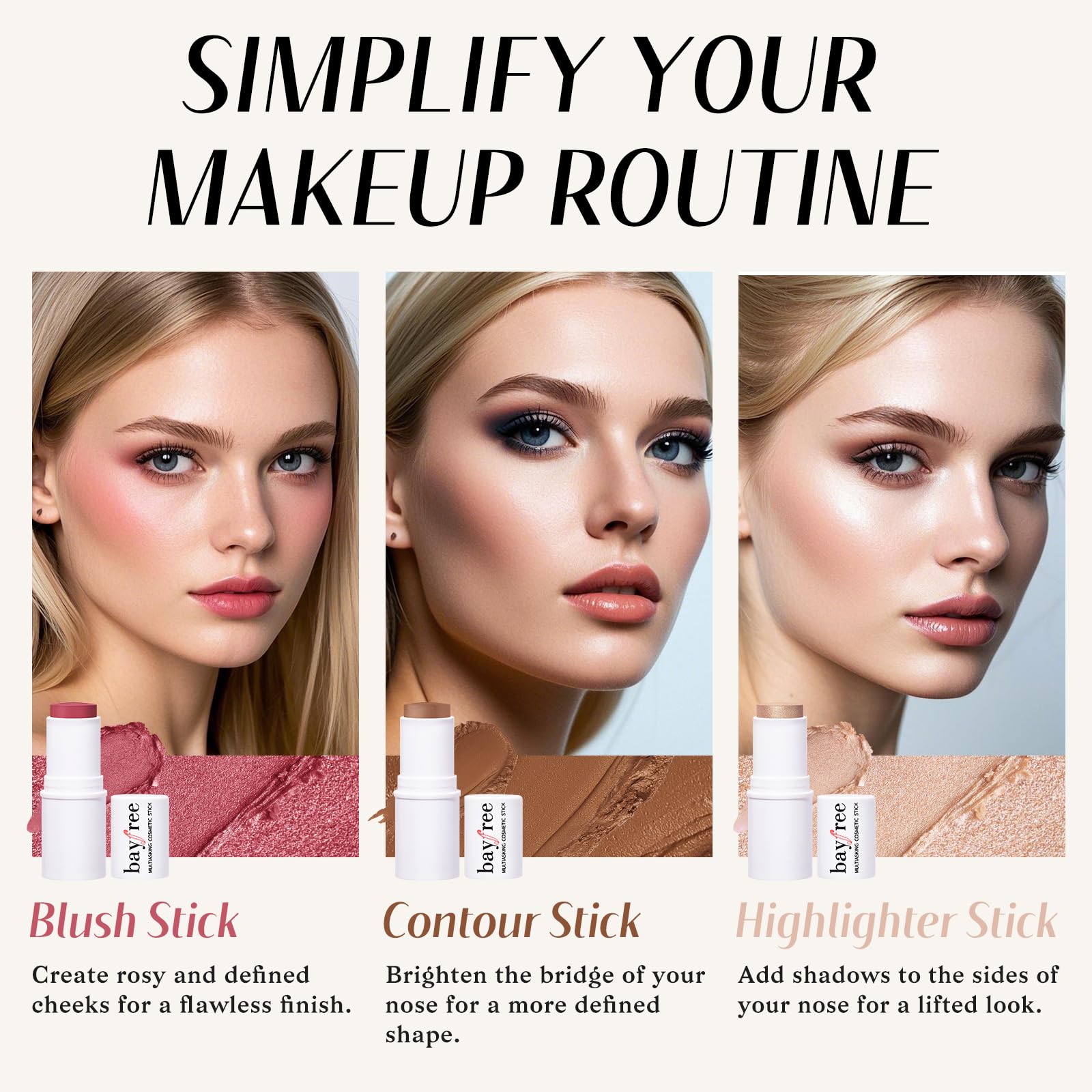 KIMUSE cream blush stick application for a natural, effortless flush.