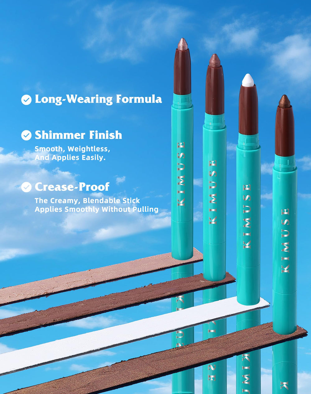KIMUSE Eyeshadow Stick swatches reveal vivid colors for customizable day-to-night looks.