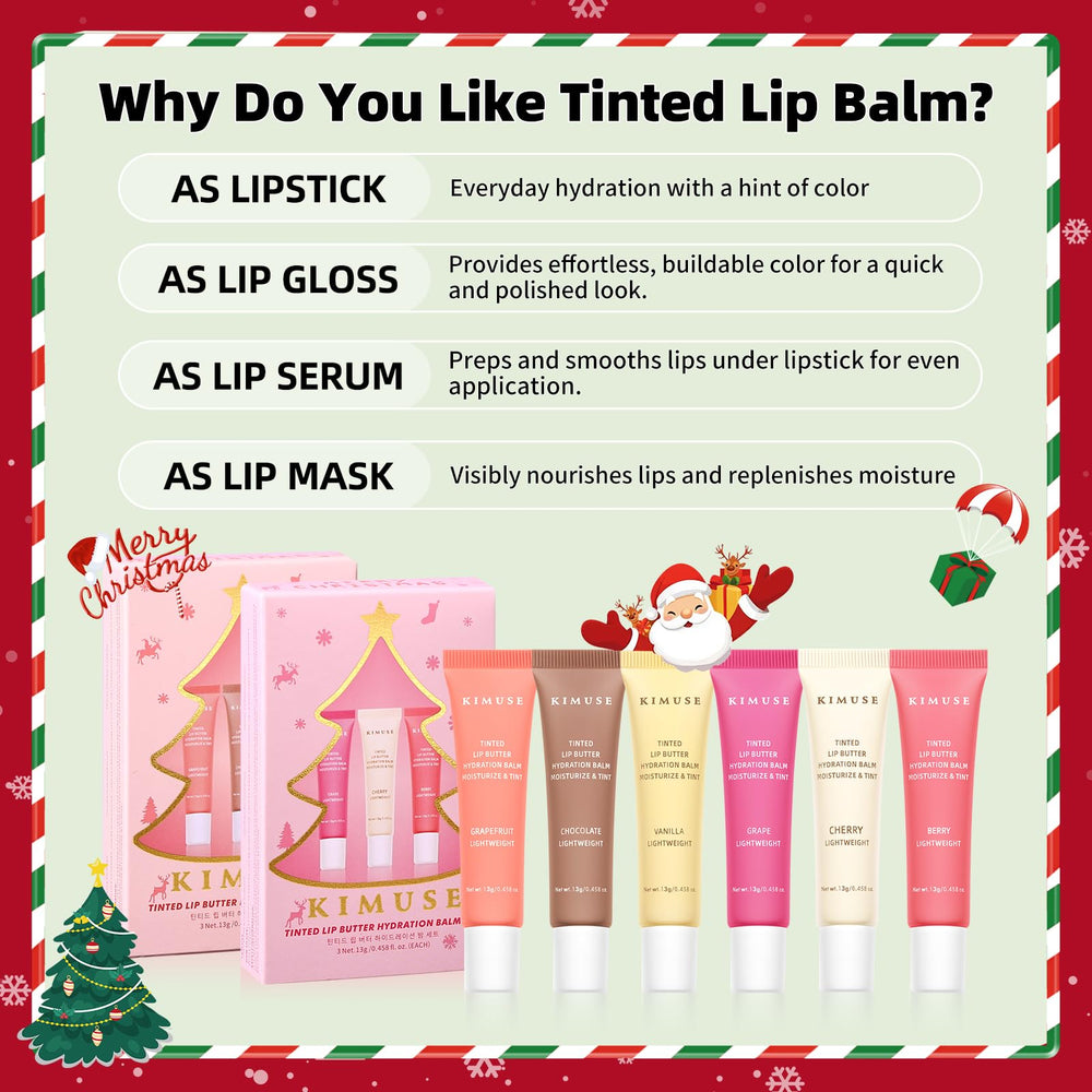 KIMUSE lip butter sheer-tint swatches showing natural glow