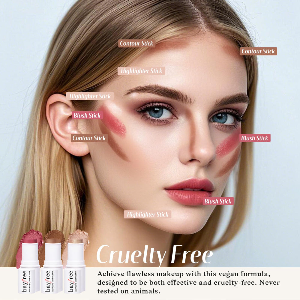KIMUSE face sticks trio in use across cheeks, eyes, and lips.