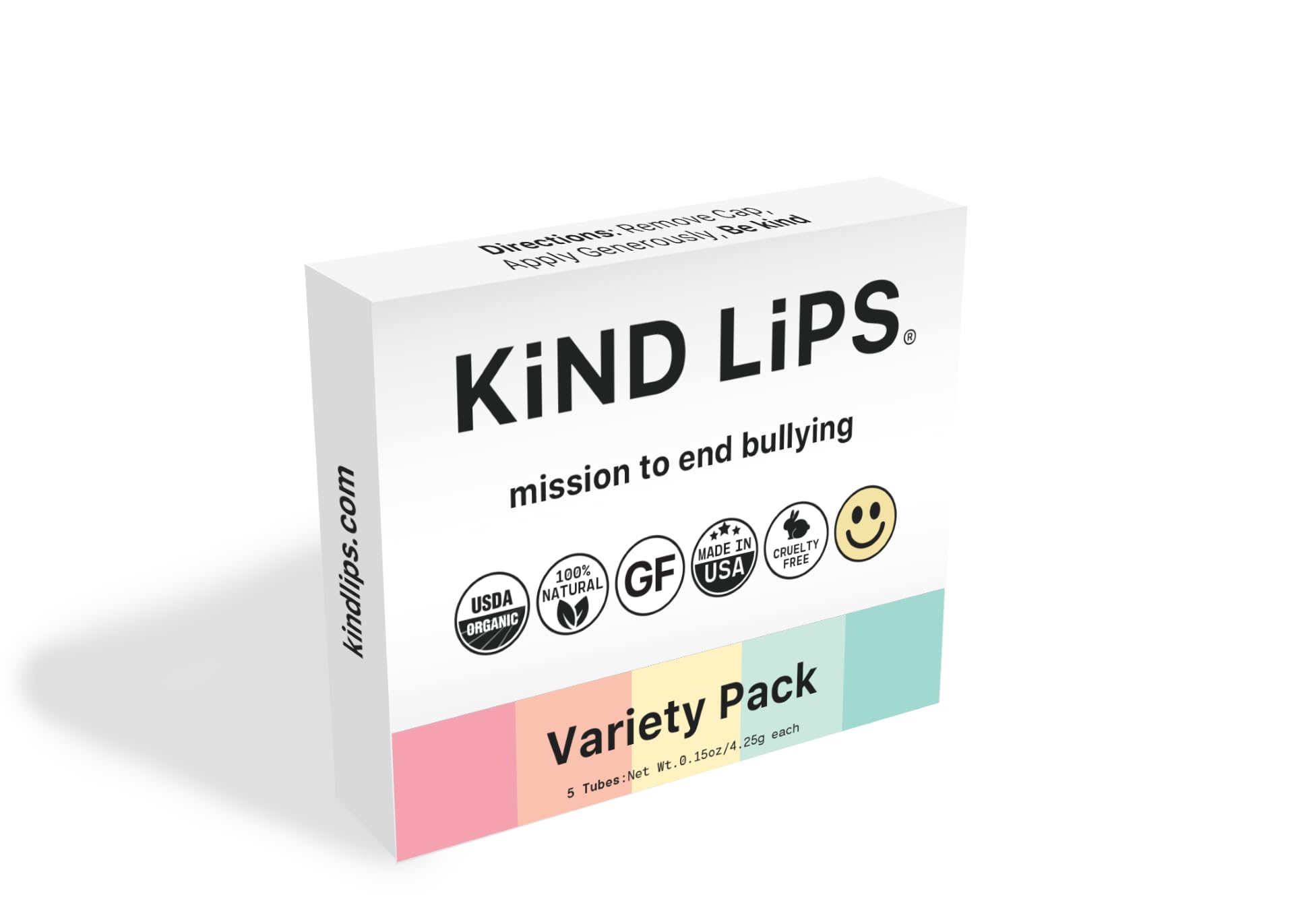 Kind Lips Made in USA gluten-free label signals small-batch craftsmanship and clean formula.