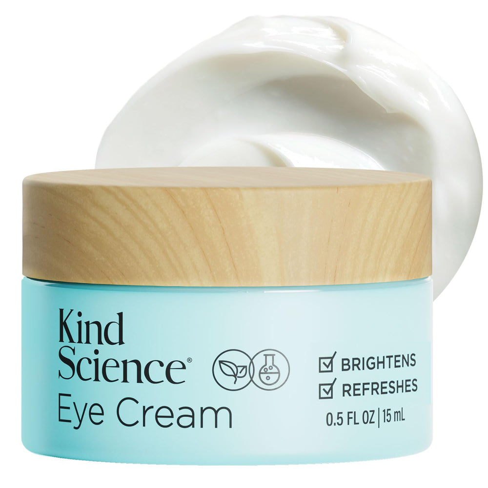 Kind Science eye cream jar showing smooth texture for hydrated under-eye skin.