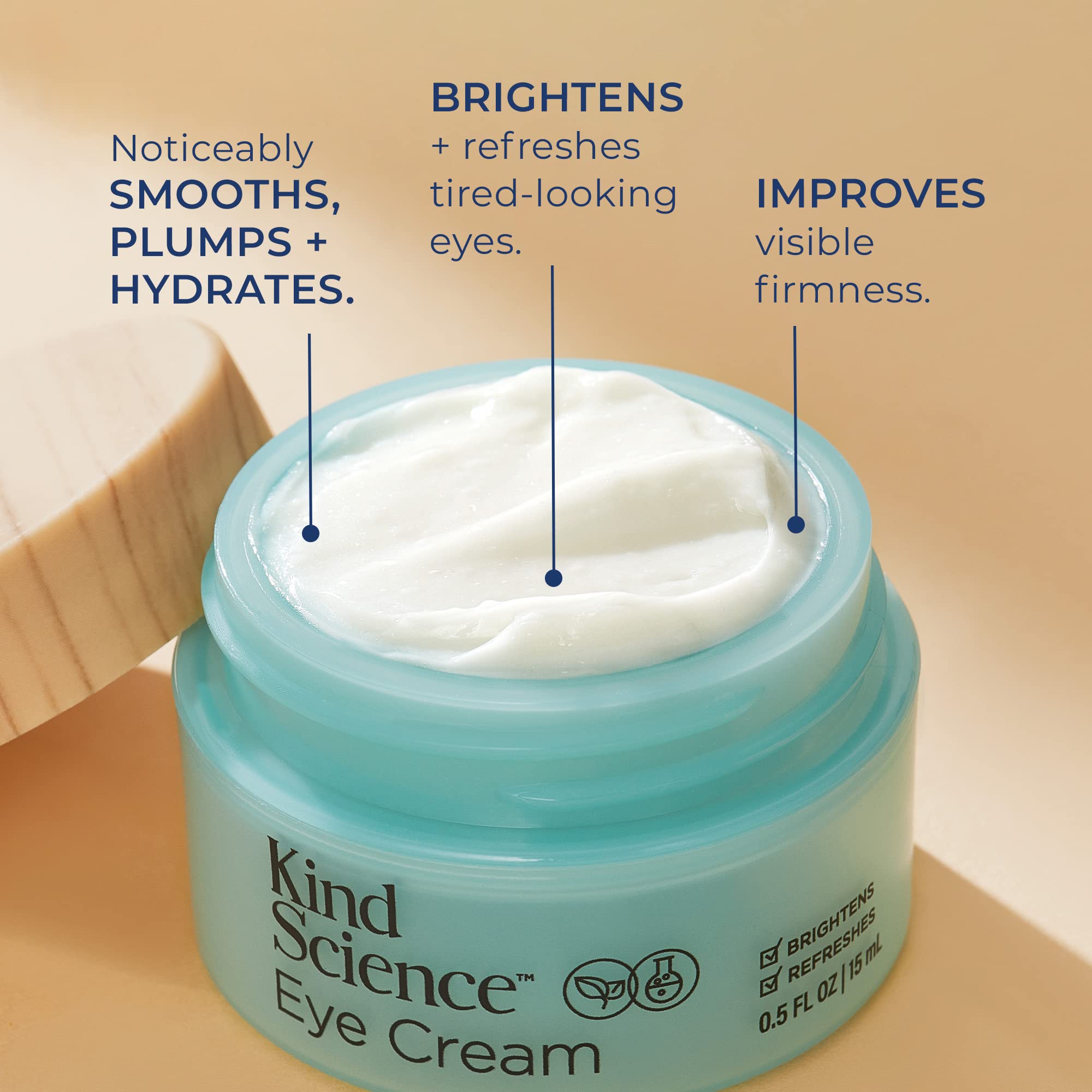 Kind Science eye cream under-eye area close-up conveys depuffing potential.