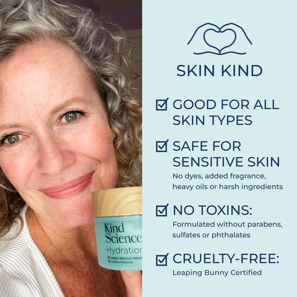 Kind Science Hydration Cream during facial application demonstrating smooth upward massage.