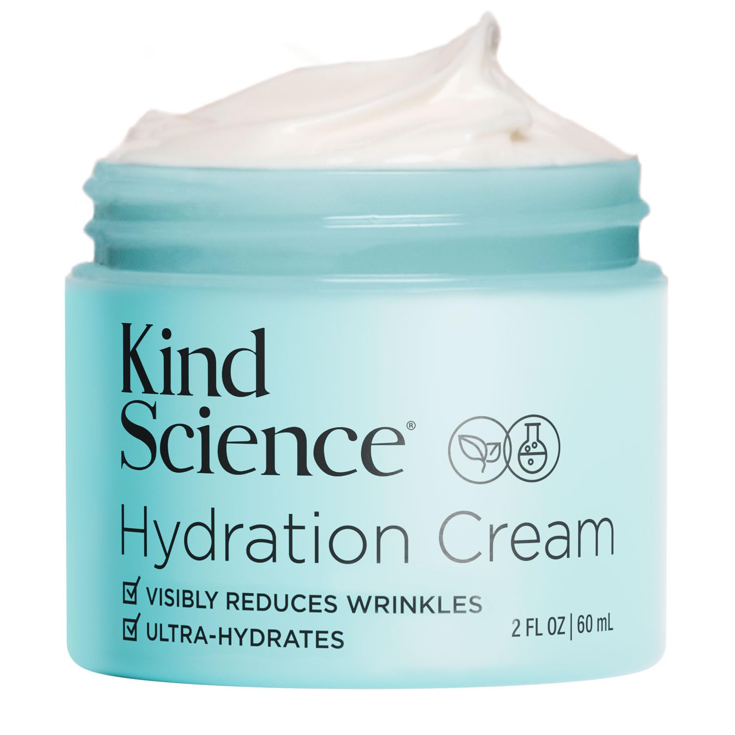 Kind Science Hydration Cream jar closeup shows fragrance-free daily hydration.