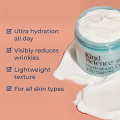 Kind Science Hydration Cream on finger illustrates light feel and quick skin absorption.